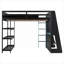 Lit mezzanine double pour salle de jeux, panneau de fibres à densité moyenne en bois massif, noir élégant, bureau intégré, tablettes de rangement et lumières DEL