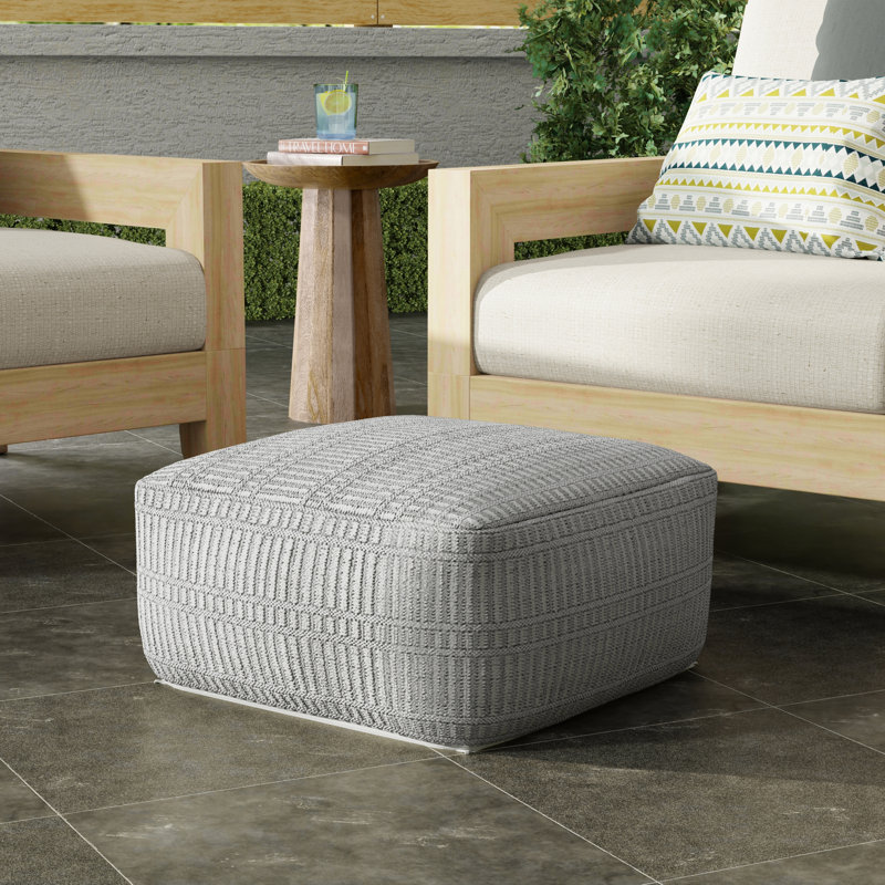 Safford 20"W Woven Recycled Polyester Upholstered Indoor/Outdoor Square Pouf, Gray