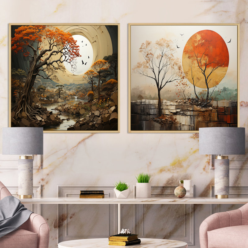 Baobab Tree Harmony I - ensemble de 2 collages floraux carrés, Cadre flottant brun, H 36 po x l 73 po