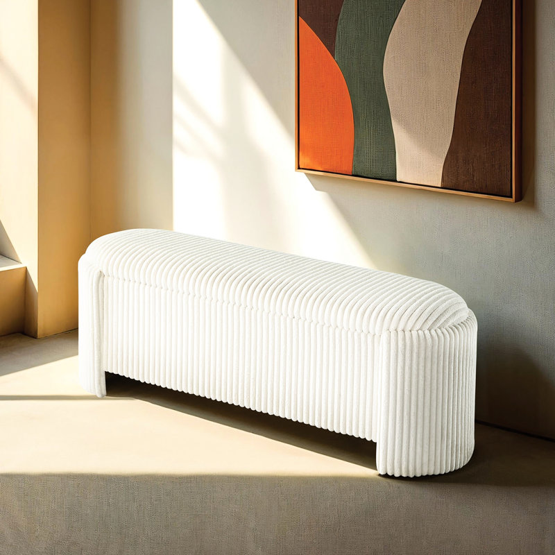Contemporary White Corduroy Bench With Storage, Made From Engineered Wood, 50.5 Inches Wide, For Bedrooms Built - In Storage Compartment, 17.5 Deep,