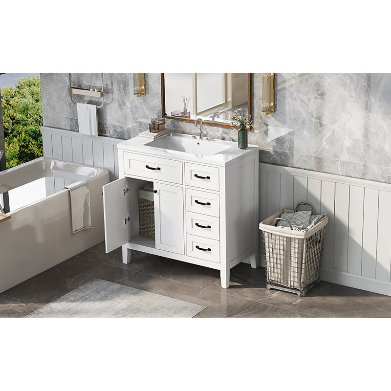 Meuble-lavabo 36 po avec lavabo, armoire de salle de bain blanche avec tiroirs, cadre solide et panneau de fibres à densité moyenne (ancien numéro de référence: JL000007AAK)