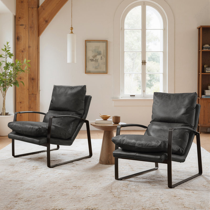 Mid Century Accent Genuine Leahter Lounge Chair, Black