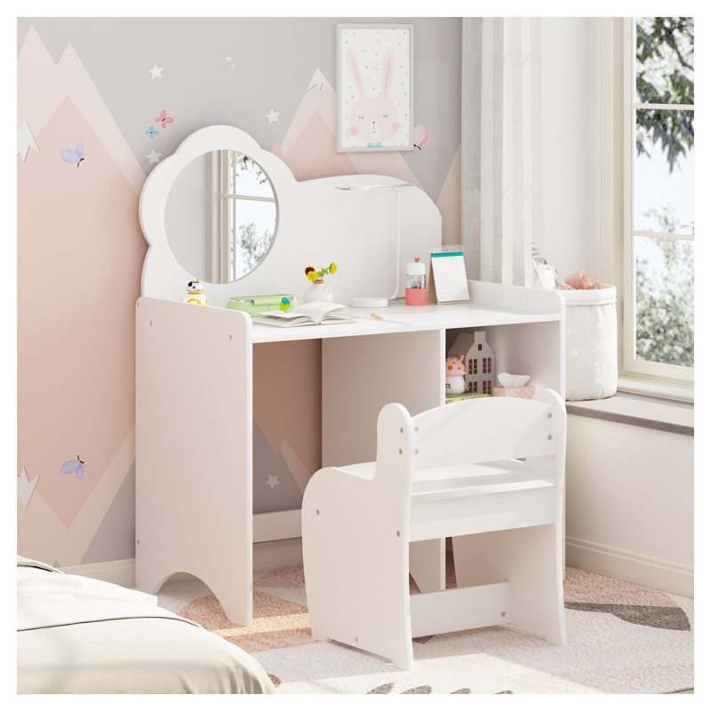 Ensemble de coiffeuse pour enfants avec miroir et chaise, coiffeuse en bois blanc