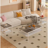 Coffee Table End Tables Set Of 3, Tempered Glass Table With MDF Layer, Modern Tables For Living Room , Glass