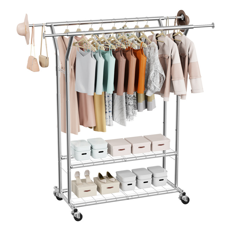 Heavy Duty Rolling Clothing Rack with Adjustable Dual Hanging Rods and Two Storage Shelves, 264 Pound Static Load Capacity for Bedroom and Laundry Organization