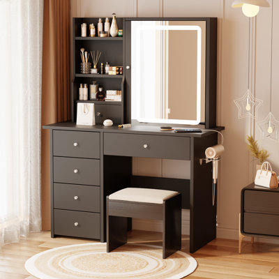 Aullville Vanity Desk with Sliding Mirror and LED Lights & Charging Station with Stool