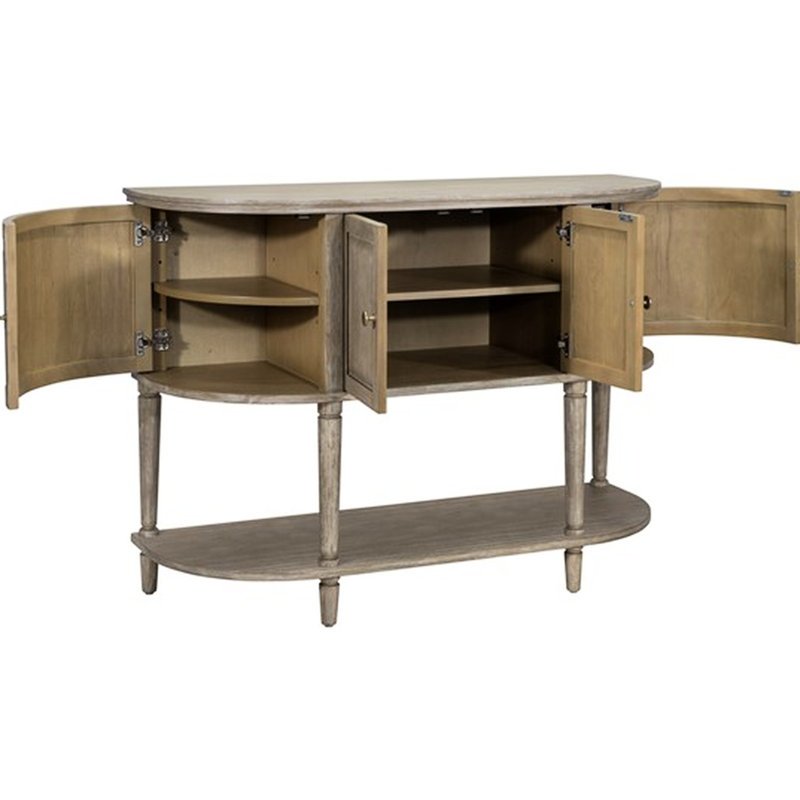 Armoire décorative courbée avec tablette inférieure, 4 portes avec tablettes dorées et intérieures réglables, pattes fuselées en placage de bois massif, aspect