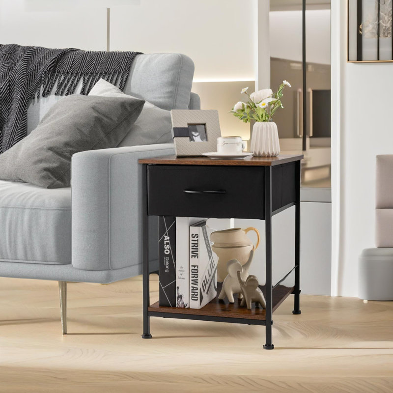 Aleane Rustic Industrial 2 Side Tables With Storage Drawers, End Sofa Table Living Room Furniture