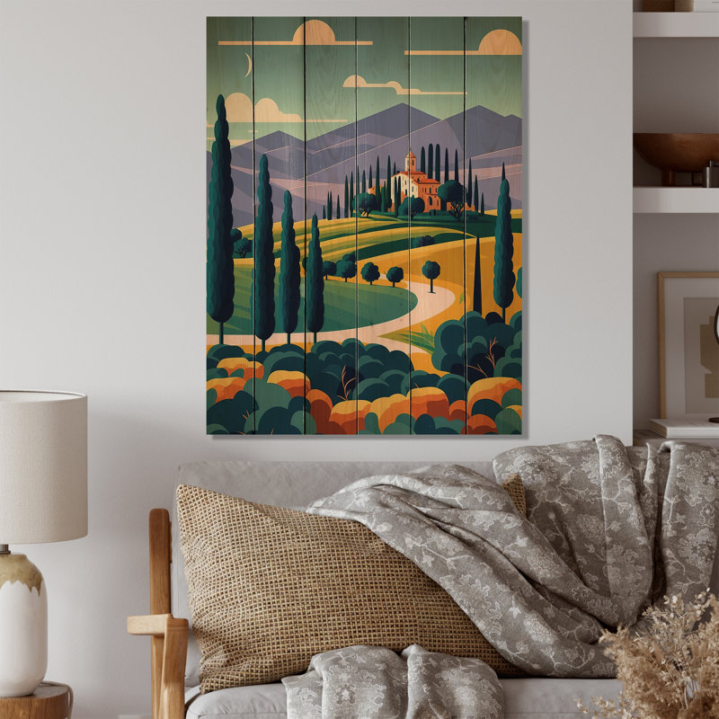 «Graphic Trees To Wineyard», paysage de montagnes, art mural en bois - bois de pin naturel, L 16 po x H 32 po