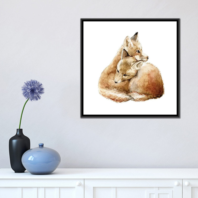 « se blottir foxes », art sur toile, H 18 po x l 18 po x P 1,5 po, Toile avec cadre noir