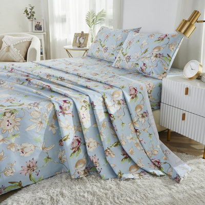Literie 100 % coton égyptien, 4 pièces, style vintage classique luxueux, motif floral coloré bleu clair, draps doux et respirants, cadeau de Noël.