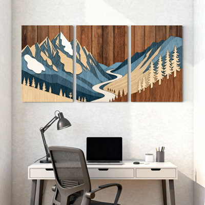Paysage et nature, paysage de montagne avec rivière et arbres, ensemble de 3 impressions sur toile