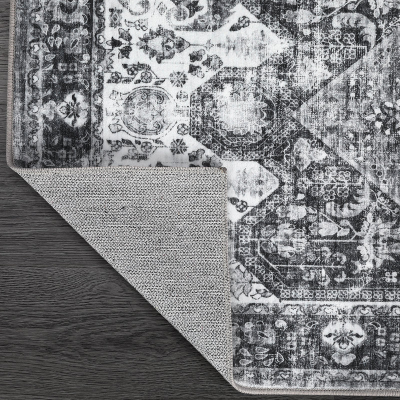 Boho Washable Non Slip Carpet Stain Resistant Rug Vintage Floral Faux Wool Area Rug Elegant Distressed Floor Mat for Living Room Bedroom Kitchen Living Room Dining Room