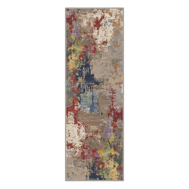 Mignone Aura Abstract Machine Washable Grey / Blue / Red Indoor Area Rug with Non-Slip Backing, Runner 2' x 7'