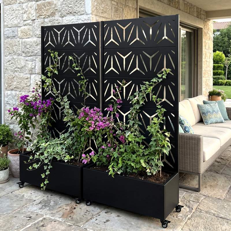 Metal Planter Box with Trellis with Wheels, 72" H x 35" W x 16" D, Black