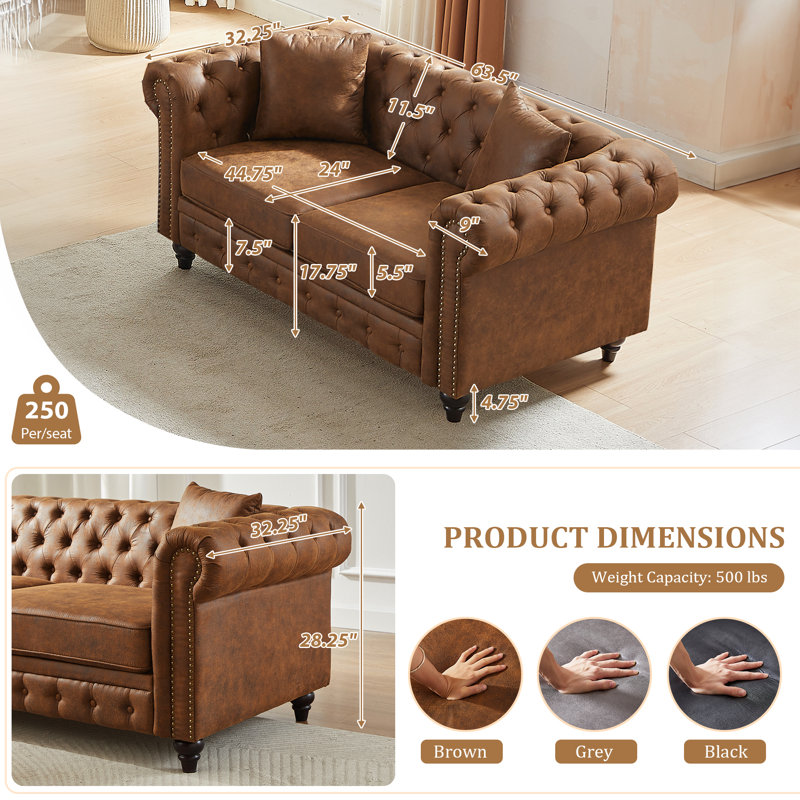 Canapé Chesterfield de 63,5 pouces de style Mid Century, Brun