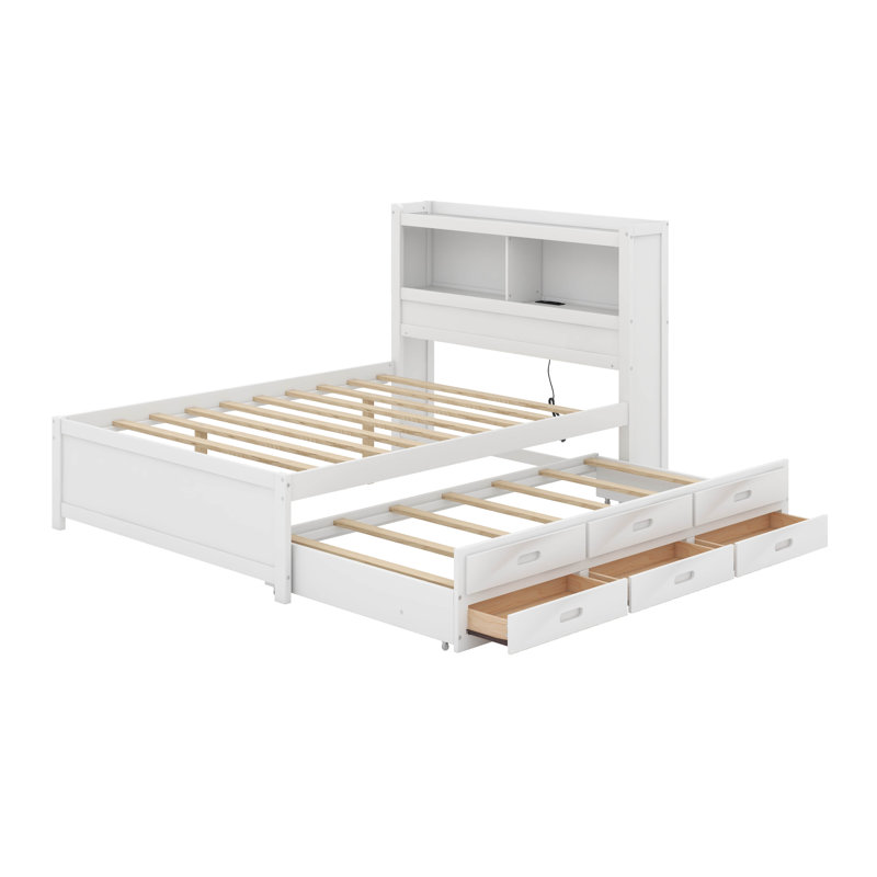 Lit plateforme double avec lit gigogne, tiroirs et port USB, Blanc