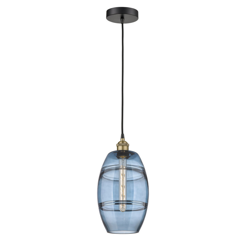 Mini-luminaire suspendu 1 lumière Edison Bettylou-616-G557, H 9,88 po x l 8 po x P 8 po, Bleu princesse, Laiton antique noir