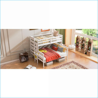 Twin XL Over Queen Solid Pine Wood &amp; MDF Bunk Bed with Ladder - No Box Spring Needed, White Space-Saving