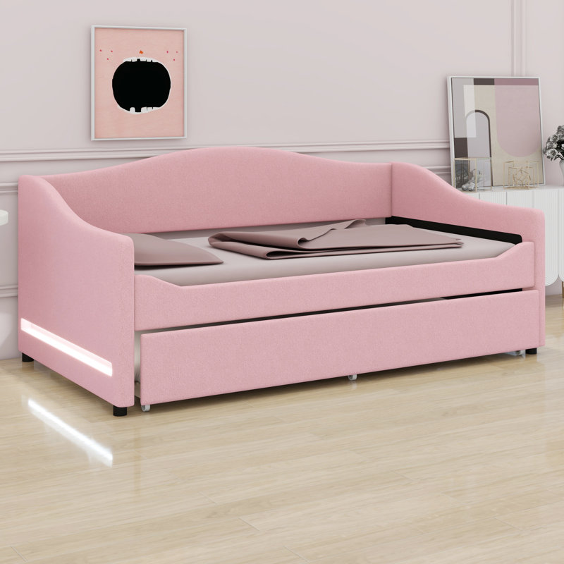 Upholstered Daybed With Light And Trundle, Twin, Pink