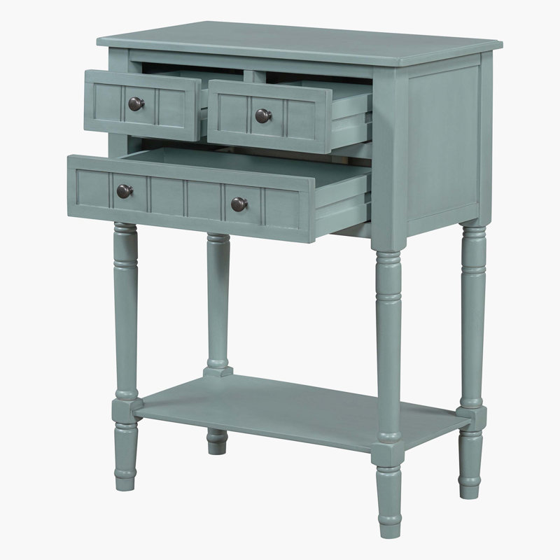 Narrow Console Table, Slim Sofa Table With Three Storage Drawers And Bottom Shelf, Light Blue