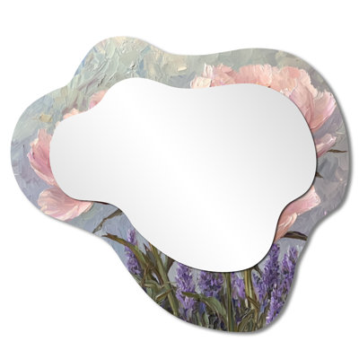 Pivoines dans le jardin de lavande I - miroir asymétrique irrégulier pivoines, miroir mural traditionnel, imprimé sur métal