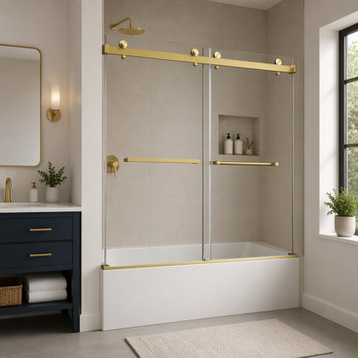 55"-60" W x 60" H Brushed Gold Reversible Installation Double Bypass Sliding Shower Door Easy Installation Frameless Bathtub,5/16"(8MM) Tempered Glass With Nano Explosion-proof Film