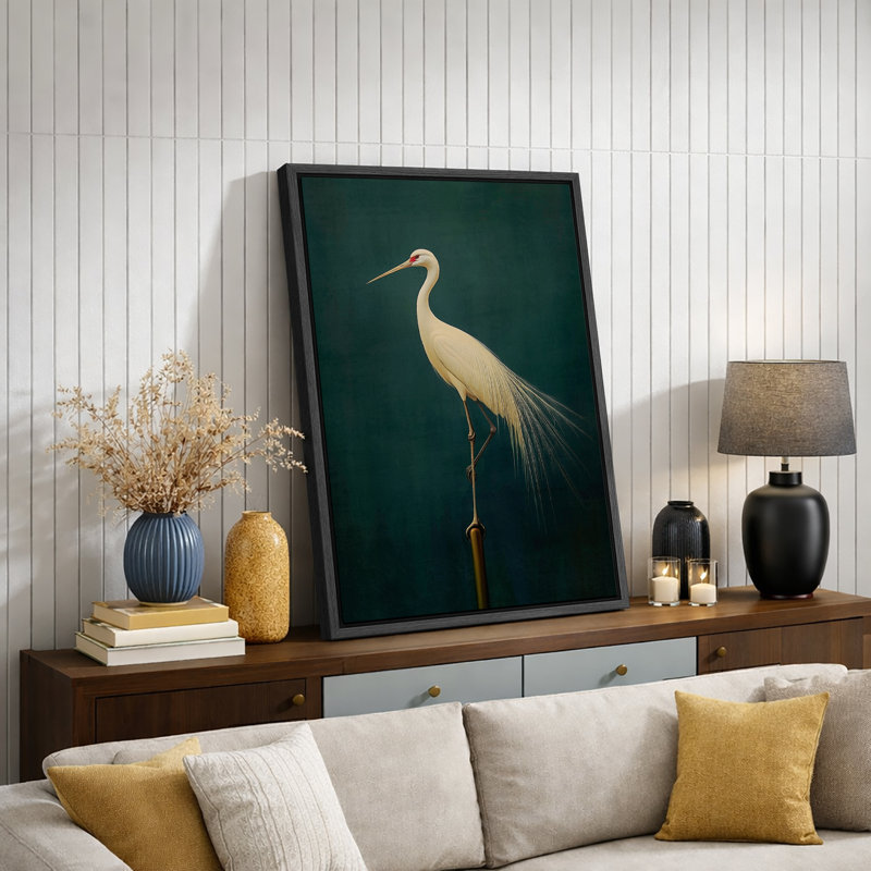 Oiseau aigrette vert rétro, photos de salle de bain rustique moderne, impression sur toile encadrée, H 36 po x l 24 po, Noir