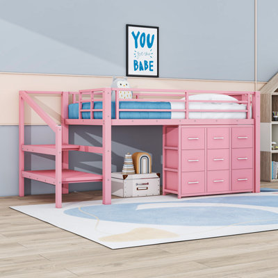 Twin Low Loft Bed with Storage Stairs, Drawers and Integrated Lights