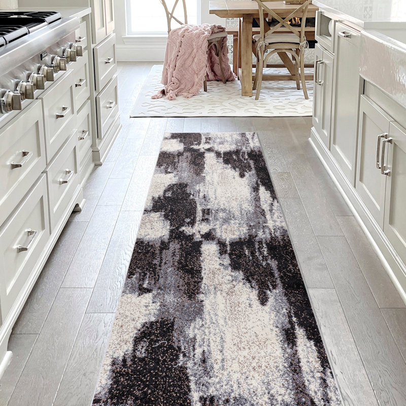 Izaki Contemporary Bohemian Abstract Marble Charcoal/Cream Rug, Runner 2' x 8'