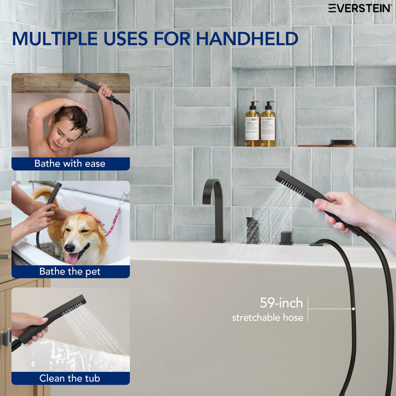 Deck Mounted Roman Tub Filler With Diverter & Hand Shower, Matte Black