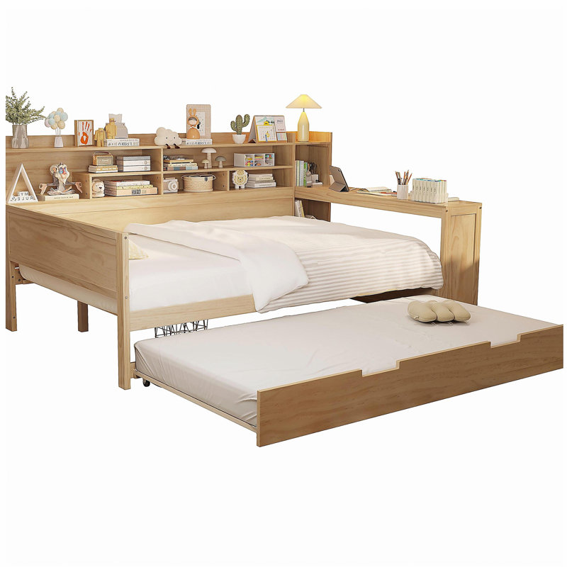 Canapé-lit en bois avec tablette de rangement, lit multifonctionnel avec deux tiroirs de rangement et un bureau, Naturel