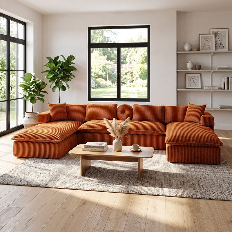 Canapé modulaire surdimensionné en velours côtelé avec poches latérales et coussins Jetta, Orange