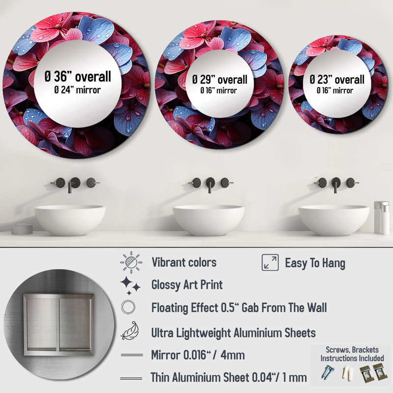 «Neon Pink Hydrangea Harmony I», miroir mural décoratif hydrangée, 23 po x 23 po