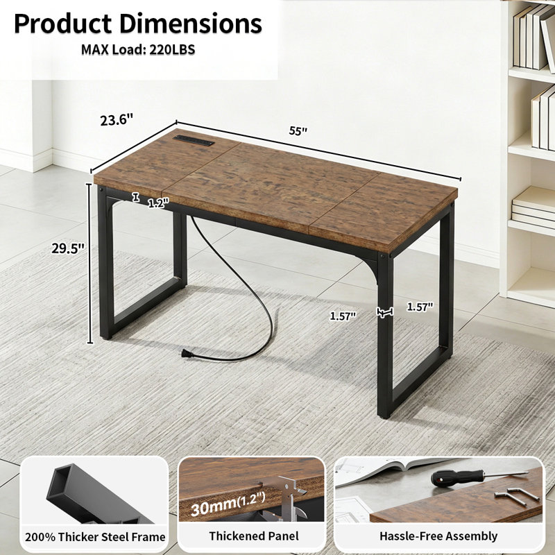 55 Inch Desk With Power Outlets & Usb-C, Deeper & Thicker Desktop, Robust Metal Tubes, Computer Desk, Heavy Duty Office Desk, Work Gaming Desk For Home Office