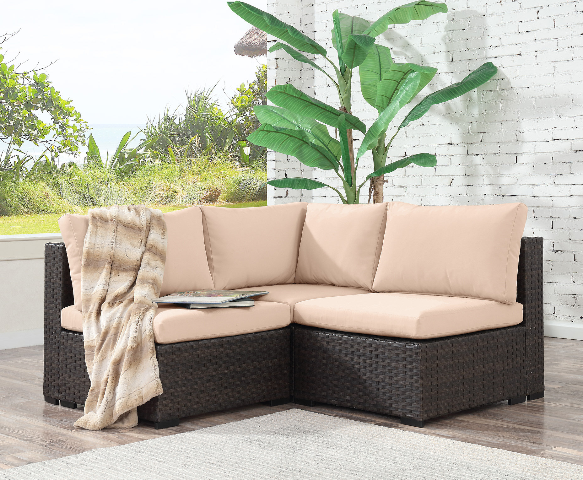 Holliston 3 piece rattan outlet sectional seating group with cushions