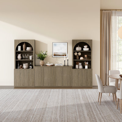 77.6''H Fluted Arched Bookcase With Open Shelves and Storage Cabinet