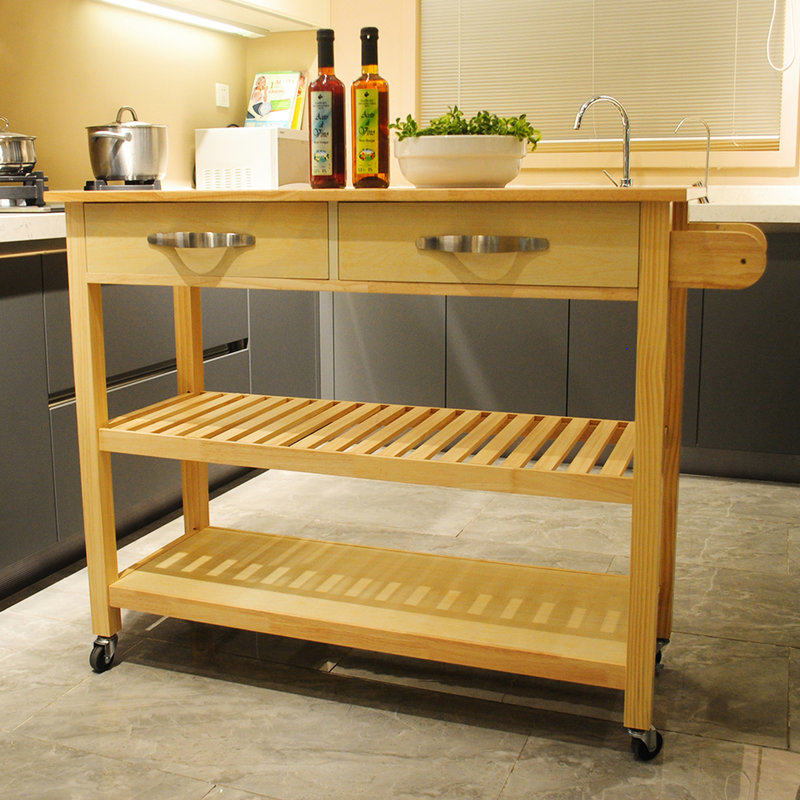 Rolling Kitchen Cart With Distinctive Design, Rubber Wood Top & Pine Structure Island Towel Rack And Shelves, Body, Natural