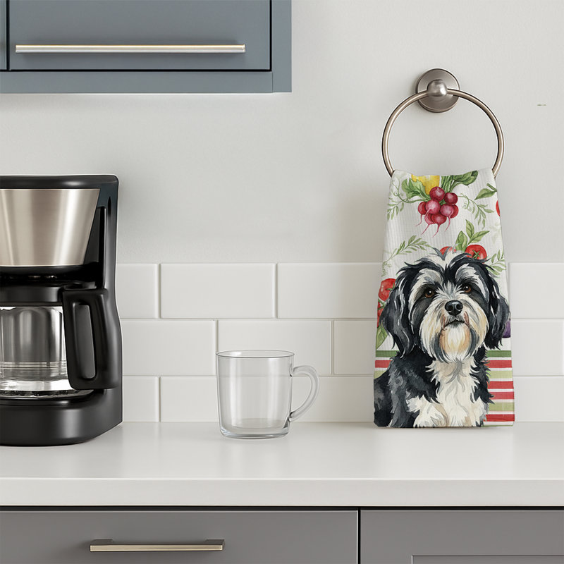 Black and White Tibetan Terrier Vegetables Kitchen Towel, Black/White Tibetan Terrier