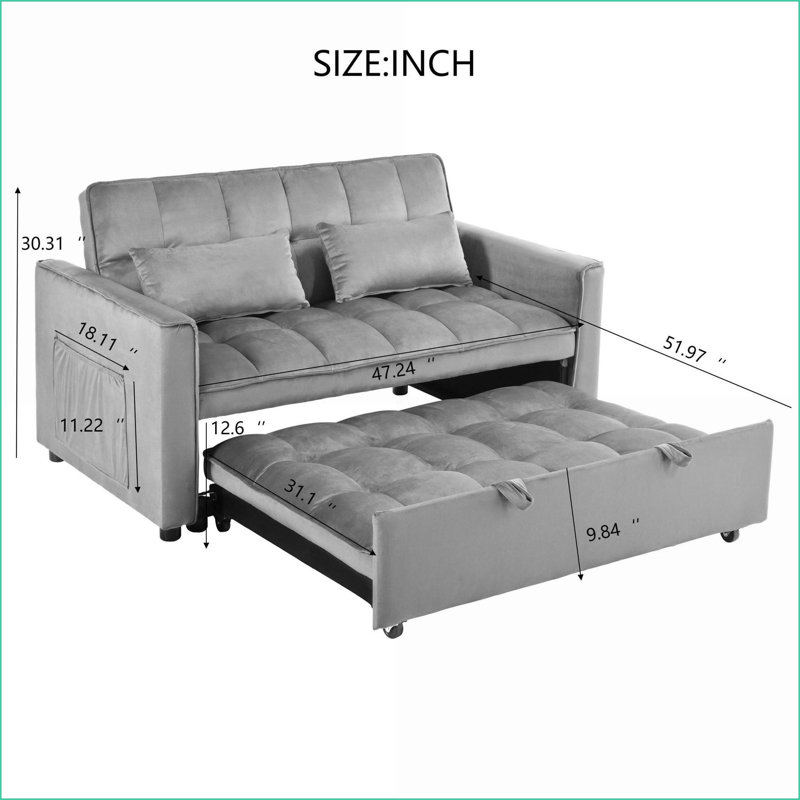 Sofas 3-in-1 Convertible Sofa Bed for Living Room/Home/Office with Reclining Backrest &amp; Pillows, Light Grey | Foam,Velvet,Wood+Metal