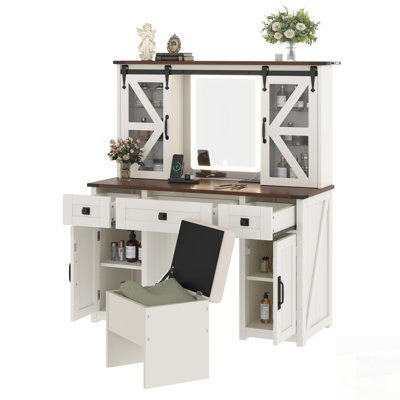Farmhouse Style Makeup Vanity Desk With Lighted Mirror, Storage Stool, And Charging Station, Sliding Barn Door Hidden Shelves, 3 Drawers, 4 Cabinets