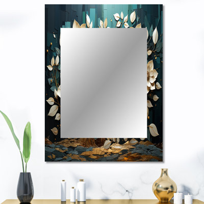 Blanc et bleu, charmante fleur de printemps Elegance I - miroir décoratif fleurs, grand miroir mural traditionnel, impression d'art en métal