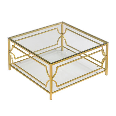 Square Glass Coffee Table With Metal Frame, Tempered Glass Top And Lower Shelf