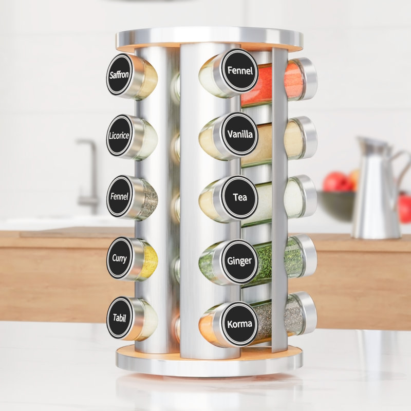 Silver Revolving Spice Rack with 20 Jars and Labels