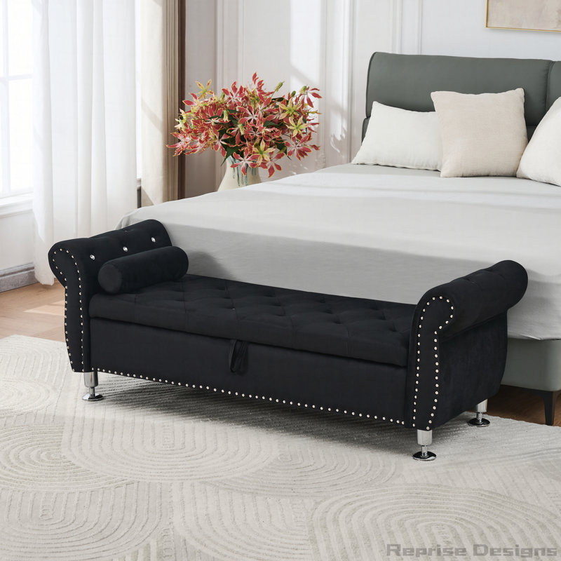 62-Inch Velvet Storage Bench with Crystal Buttons and Safety Hinge, Black
