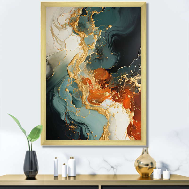 Tempête de pierre orange IV - art mural abstrait, H 32 po x l 16 po x P 1 po, Encadrement doré