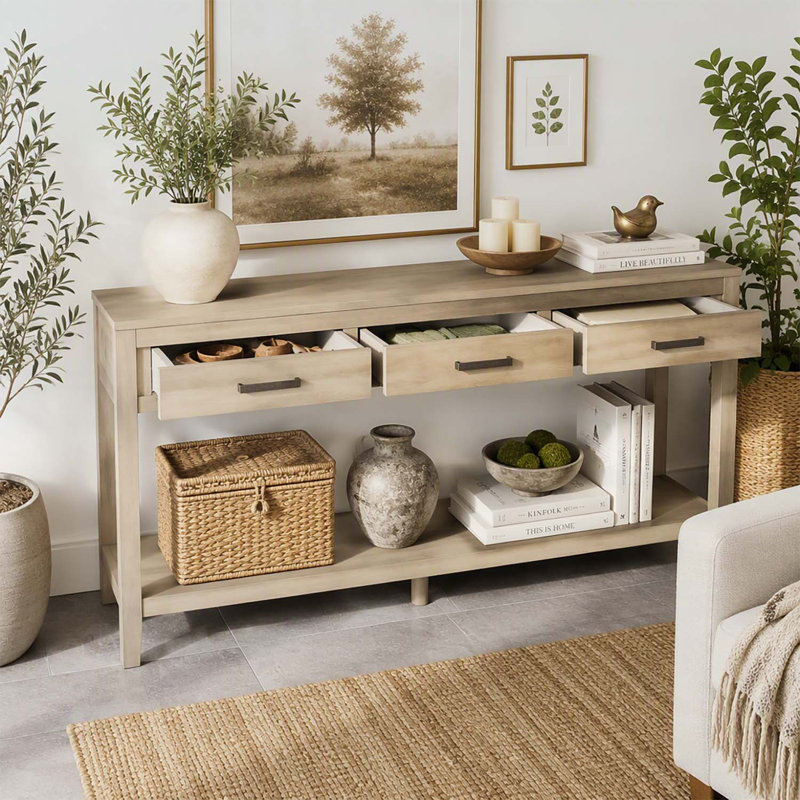 Table d'entrée 59,1 po avec 3 tiroirs, tablette inférieure et poignées en fer, parfaite pour un décor minimaliste moderne