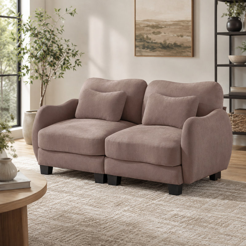 Canapé courbé Rosman en chenille avec sièges profonds et coussins lombaires, Rose poussière
