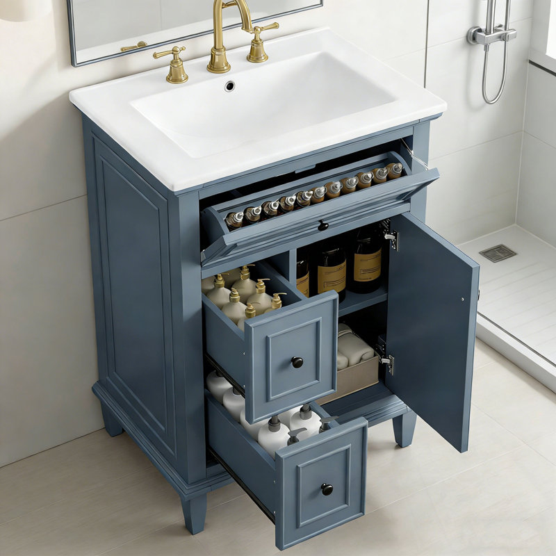 Bathroom Vanity with Sink, One Flip Drawer and Two Drawers, Blue Gray