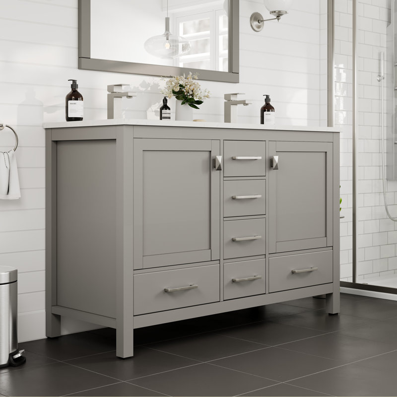 Eviva London 48"W X 18"D Double Sink Bathroom Vanity With White Carrara Quartz Countertop And Undermount Porcelain Sinks